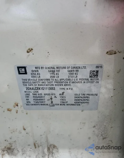 2016 Chevrolet Equinox Lt из США, поврежденный, VIN 2GNALCEK1G1113663